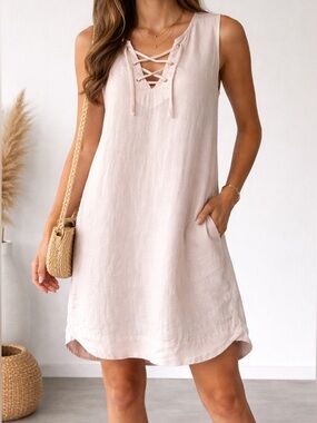 Chelsea & Violet Linen Shift Dress Light Pink Lace Neck Sleeveless Size M